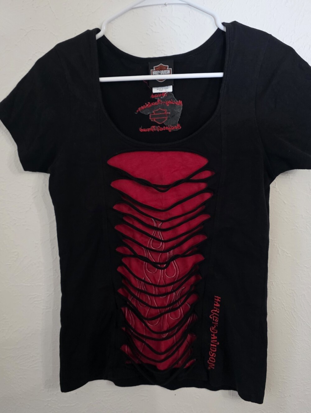 Vintage Y2K Harley Davidson Black Slashed Shredded Cut Out T Shirt Size L Womens